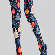 Navy Blue Christmas Tree Ornament Print Tights H610-20