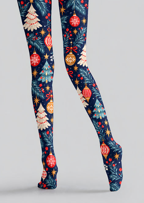Navy Blue Christmas Tree Ornament Print Tights H610-20
