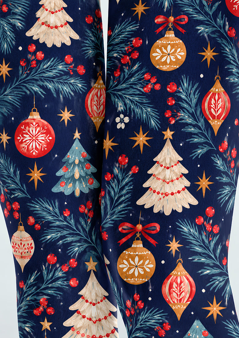 Navy Blue Christmas Tree Ornament Print Tights H610-20