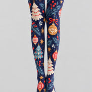 Navy Blue Christmas Tree Ornament Print Tights H610-20