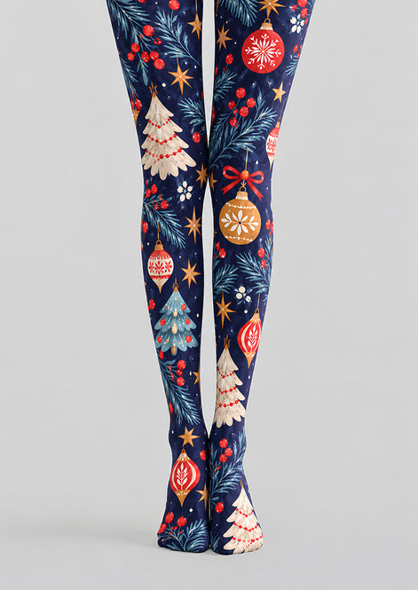 Navy Blue Christmas Tree Ornament Print Tights H610-20