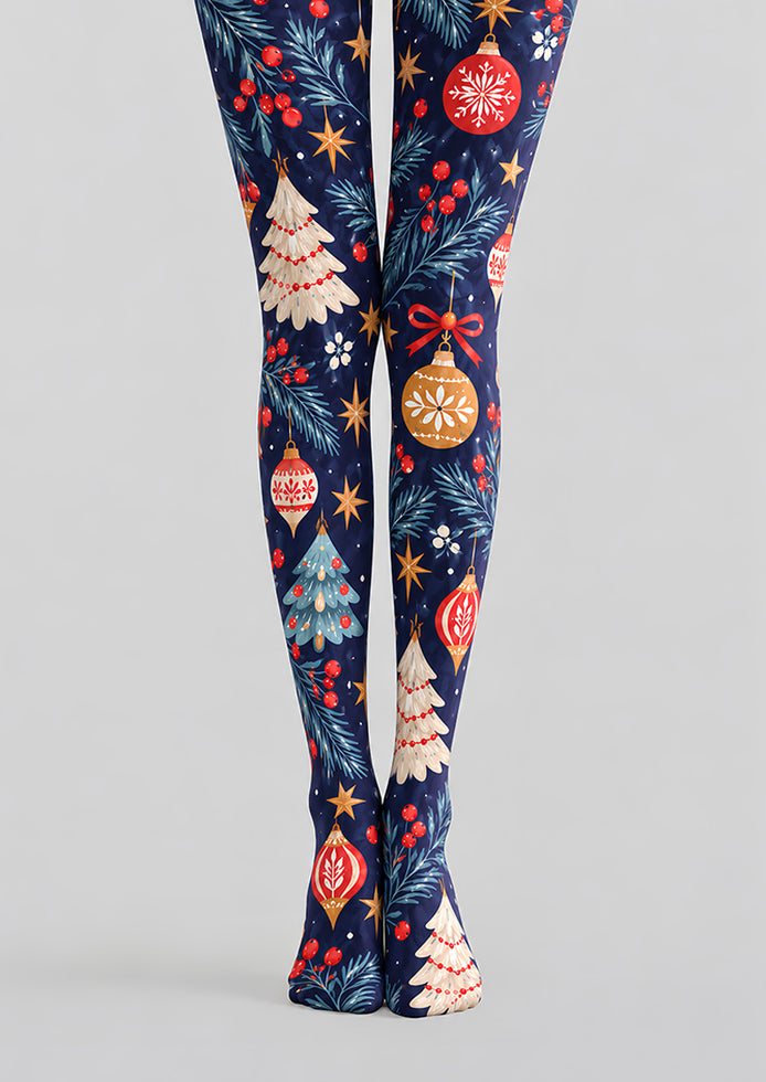 Navy Blue Christmas Tree Ornament Print Tights H610-20
