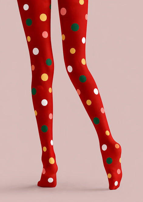 Festive Red Tights Multicolor Polka Dot Print H610-38