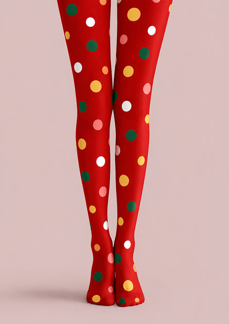 Festive Red Tights Multicolor Polka Dot Print H610-38