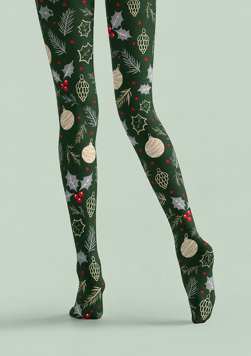 Christmas Holly Ornament Print Tights Hosiery Pantyhose H610-7