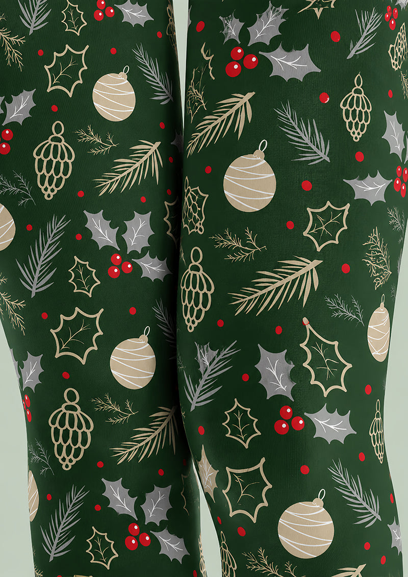Christmas Holly Ornament Print Tights Hosiery Pantyhose H610-7