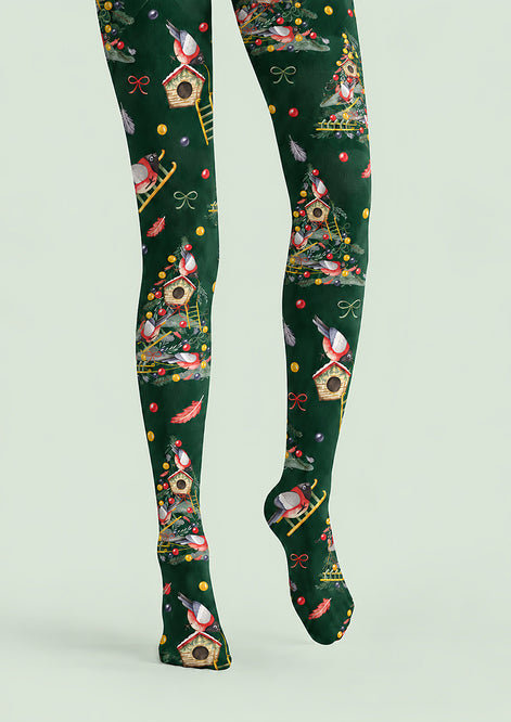 Christmas Robin Birdhouse Print Tights Pantyhose H610-9