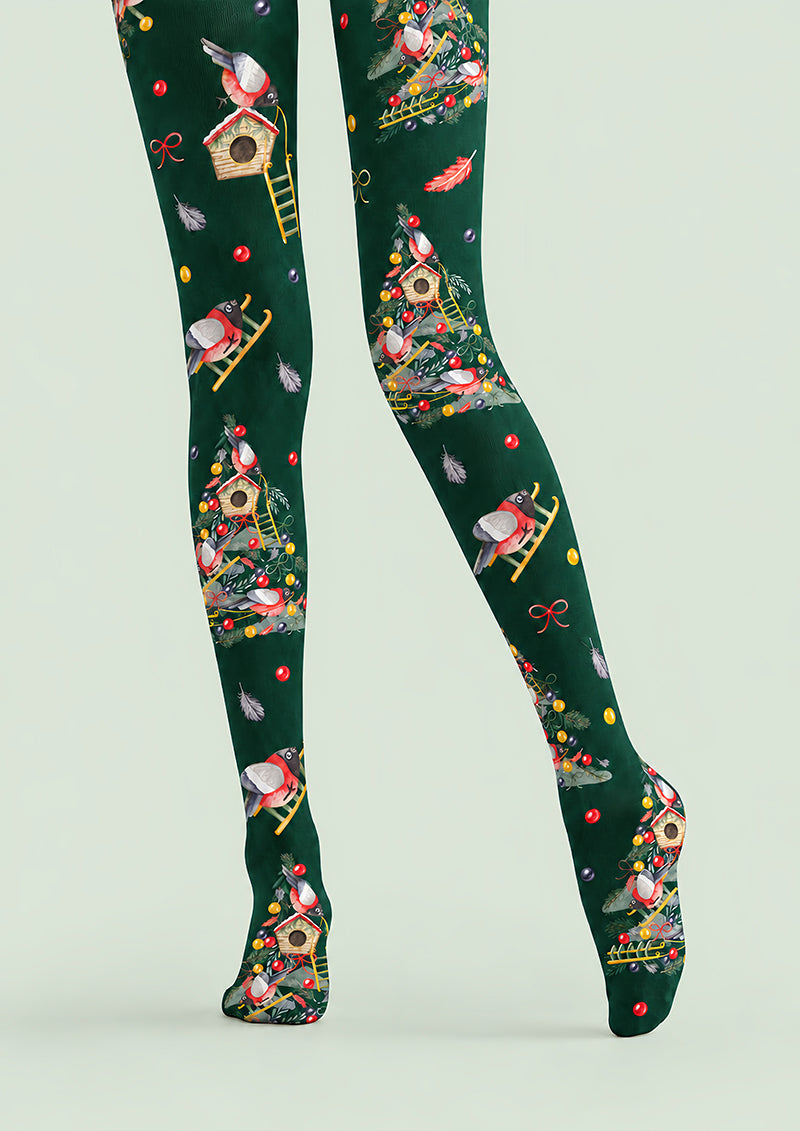 Christmas Robin Birdhouse Print Tights Pantyhose H610-9