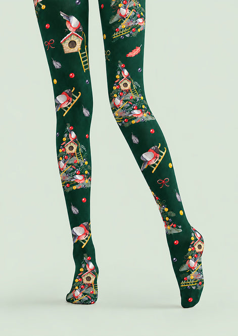 Christmas Robin Birdhouse Print Tights Pantyhose H610-9
