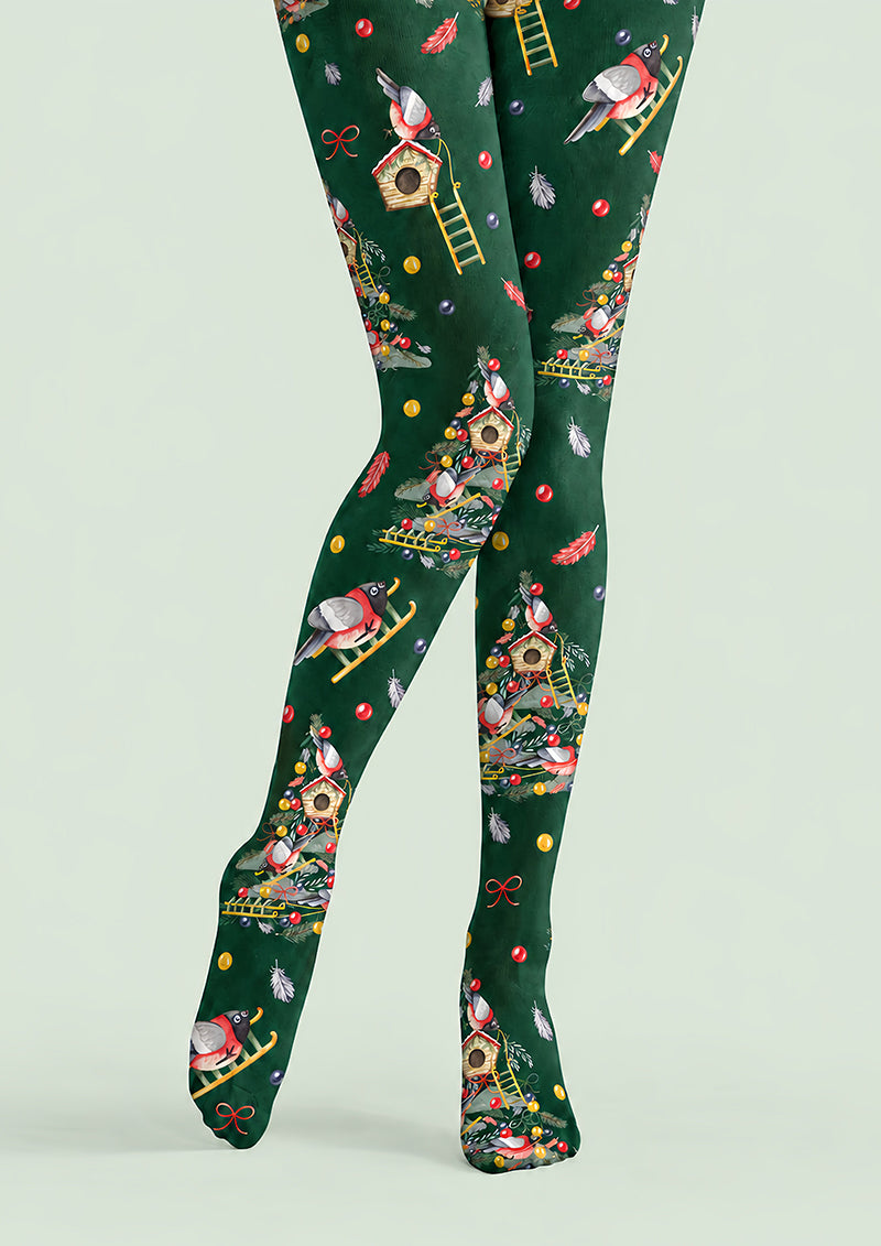 Christmas Robin Birdhouse Print Tights Pantyhose H610-9