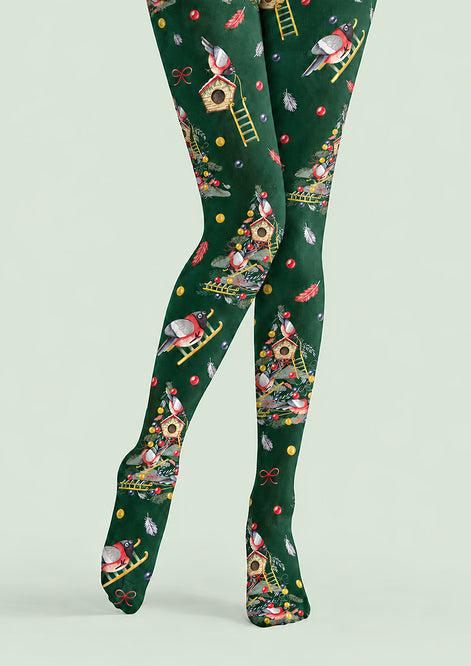 Christmas Robin Birdhouse Print Tights Pantyhose H610-9