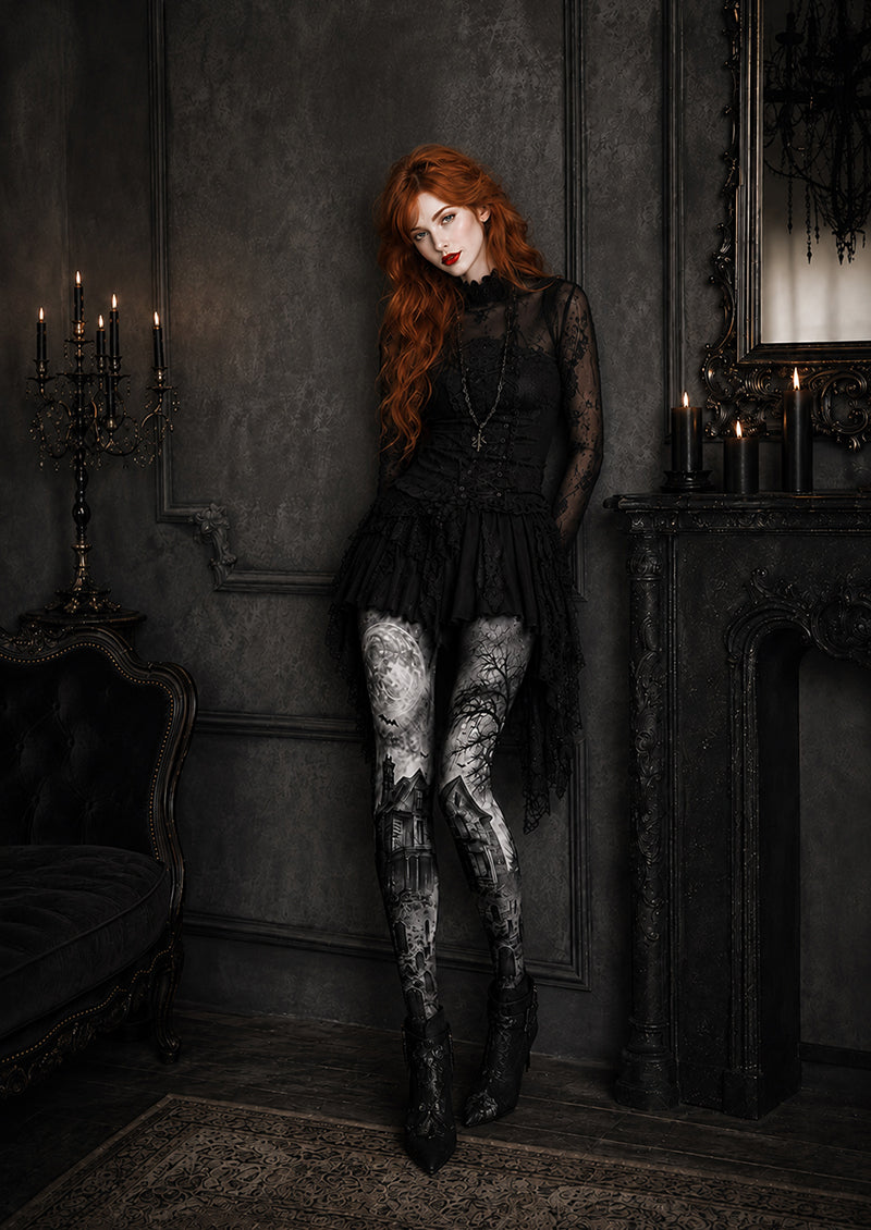 Moonlit Haunted House Halloween Patterned Tights H67-14