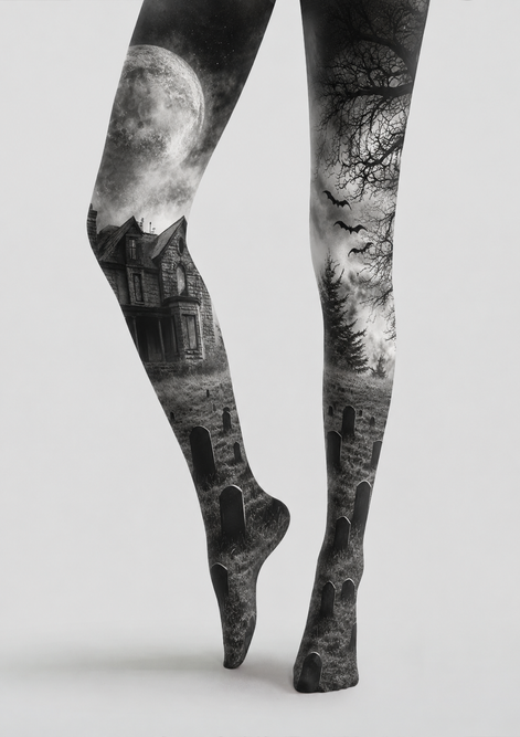 Moonlit Haunted House Halloween Patterned Tights H67-14