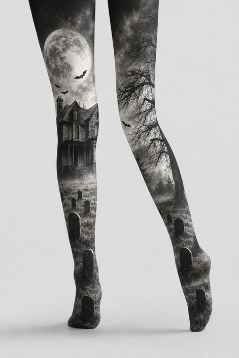 Moonlit Haunted House Halloween Patterned Tights H67-14