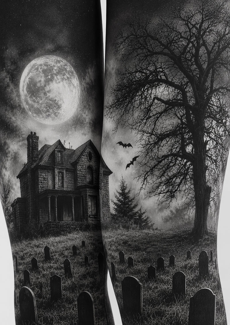 Moonlit Haunted House Halloween Patterned Tights H67-14