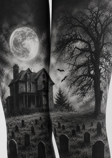 Moonlit Haunted House Halloween Patterned Tights H67-14