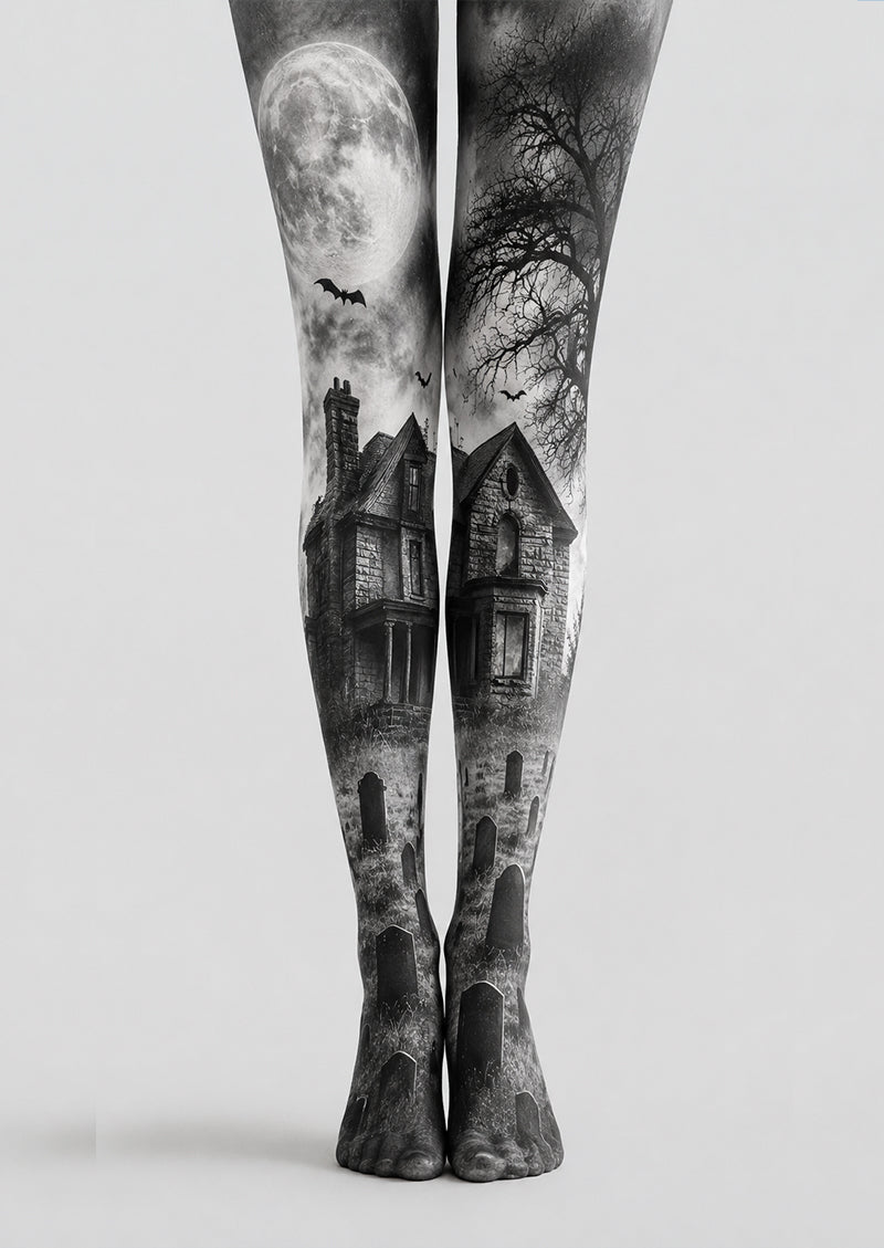 Moonlit Haunted House Halloween Patterned Tights H67-14