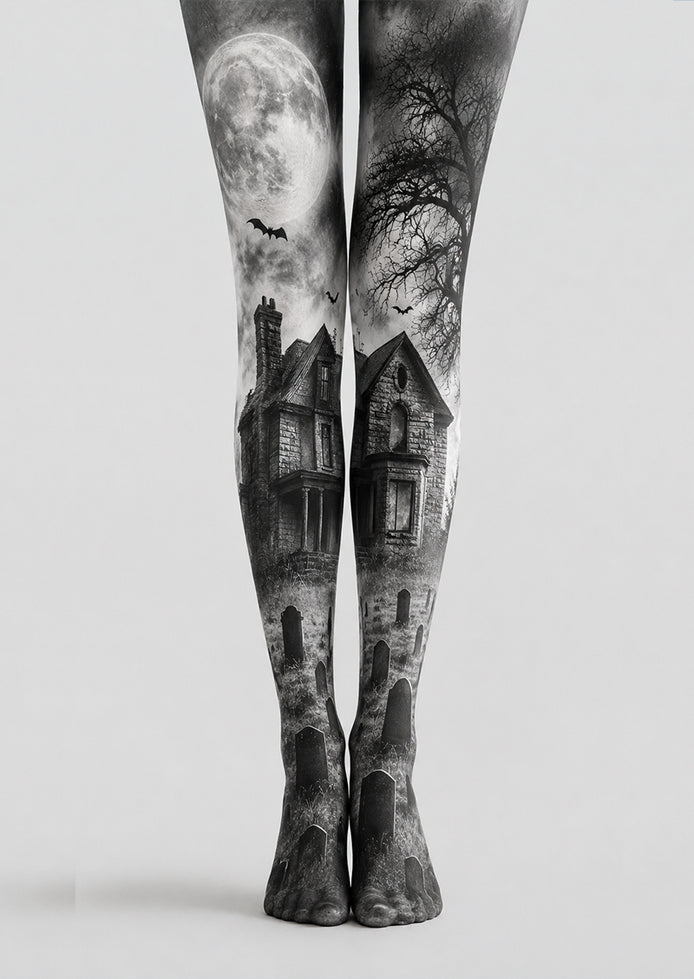 Moonlit Haunted House Halloween Patterned Tights H67-14