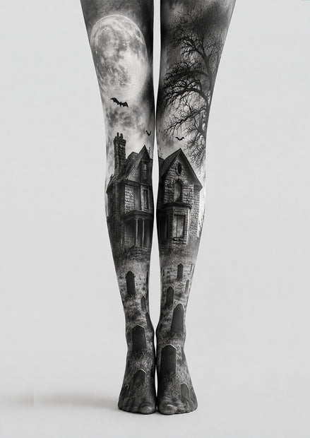 Moonlit Haunted House Halloween Patterned Tights H67-14