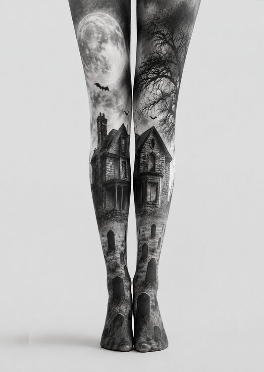 Moonlit Haunted House Halloween Patterned Tights H67-14