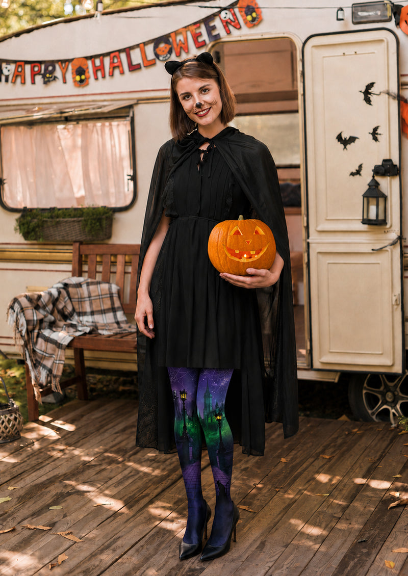 Purple Haunted Castle Halloween Patterned Tights H67-19