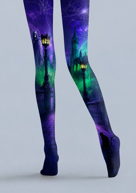 Purple Haunted Castle Halloween Patterned Tights H67-19