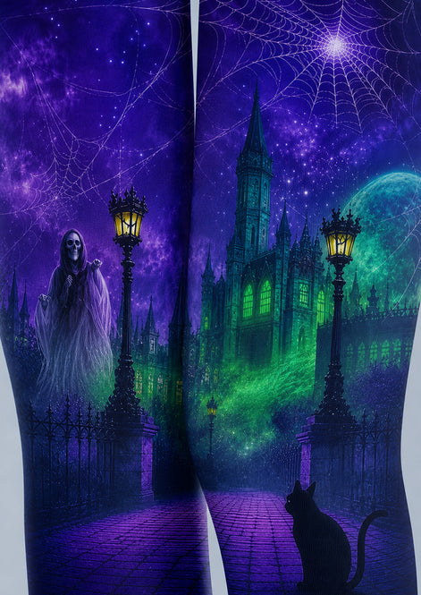 Purple Haunted Castle Halloween Patterned Tights H67-19