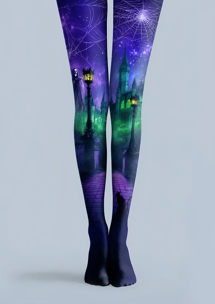 Purple Haunted Castle Halloween Patterned Tights H67-19