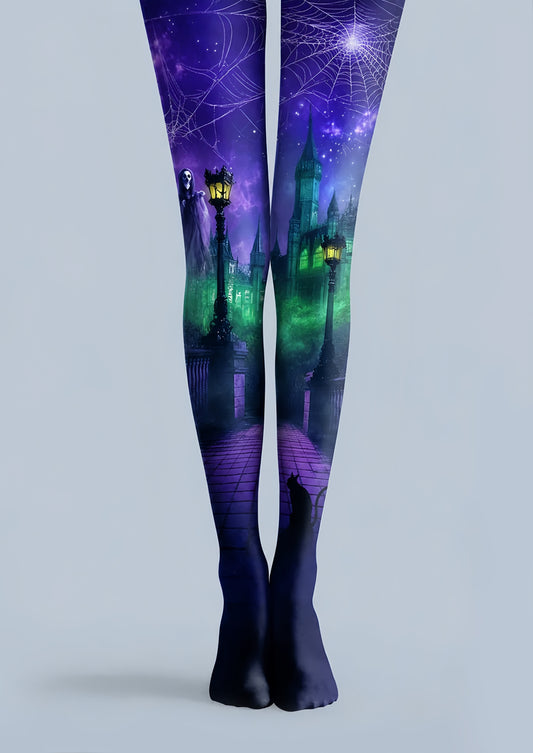 Purple Haunted Castle Halloween Patterned Tights H67-19