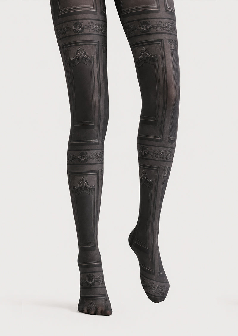 Black Vintage Victorian Panel Patterned Tights H67-25