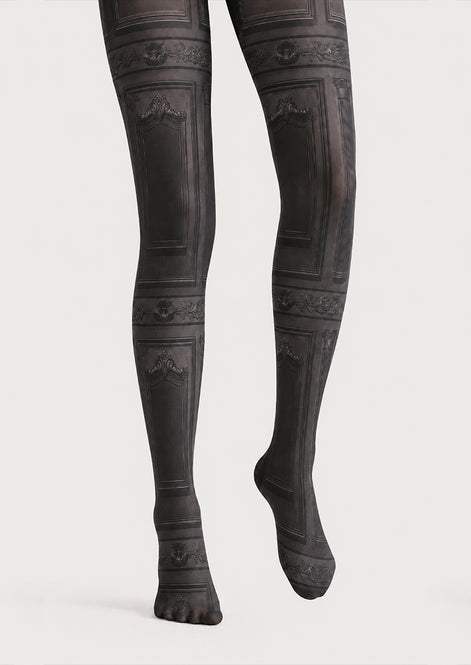 Black Vintage Victorian Panel Patterned Tights H67-25
