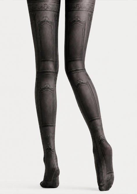 Black Vintage Victorian Panel Patterned Tights H67-25