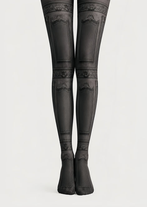 Black Vintage Victorian Panel Patterned Tights H67-25