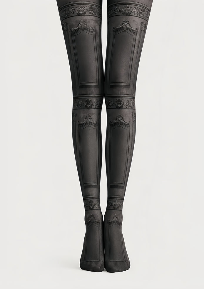 Black Vintage Victorian Panel Patterned Tights H67-25