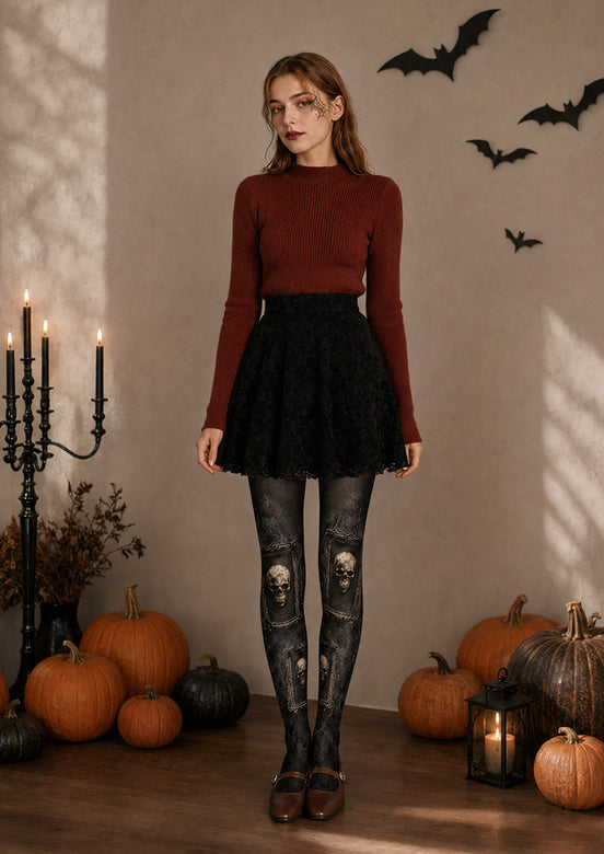 Gothic Skull Portrait Halloween Black Tights H67-26