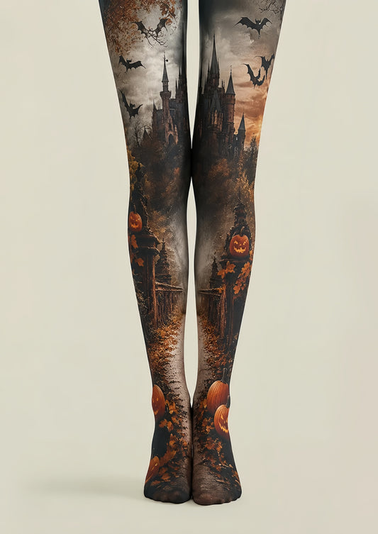 Haunted Castle Pumpkin Pantyhose Halloween Patterned Tights H67-6