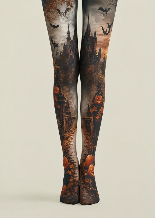 Haunted Castle Pumpkin Pantyhose Halloween Patterned Tights H67-6