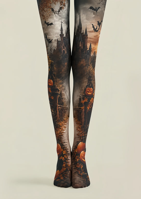 Haunted Castle Pumpkin Pantyhose Halloween Patterned Tights H67-6