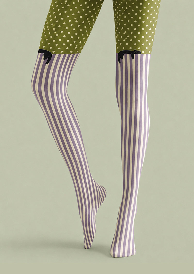 Olive Green Cat Polka Dot Striped Pantyhose Tights H68-10