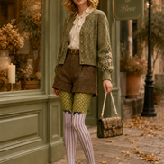 Olive Green Cat Polka Dot Striped Pantyhose Tights H68-10