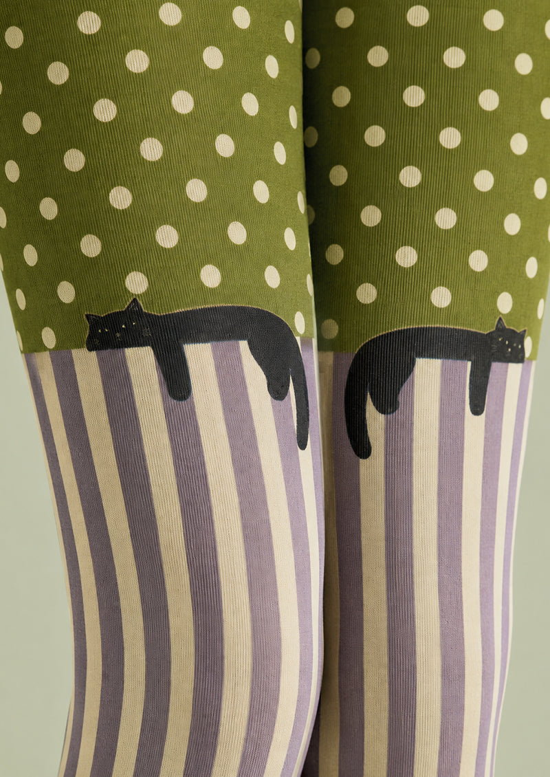 Olive Green Cat Polka Dot Striped Pantyhose Tights H68-10