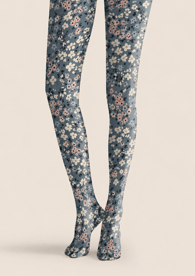 Blue Floral Tights Soft Print Hosiery Pantyhose H68-109