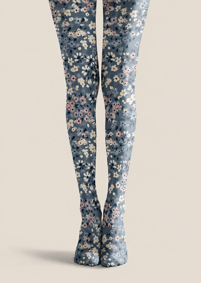 Blue Floral Tights Soft Print Hosiery Pantyhose H68-109