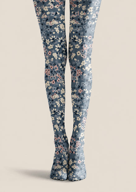 Blue Floral Tights Soft Print Hosiery Pantyhose H68-109