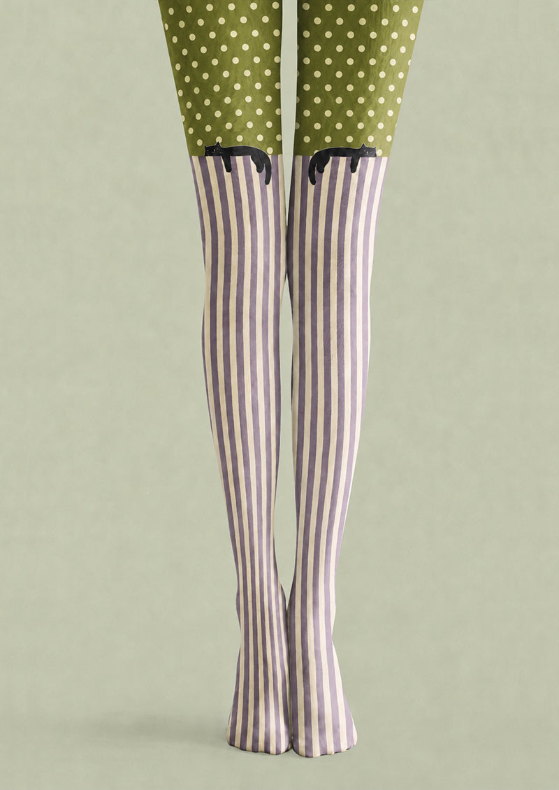 Olive Green Cat Polka Dot Striped Pantyhose Tights H68-10