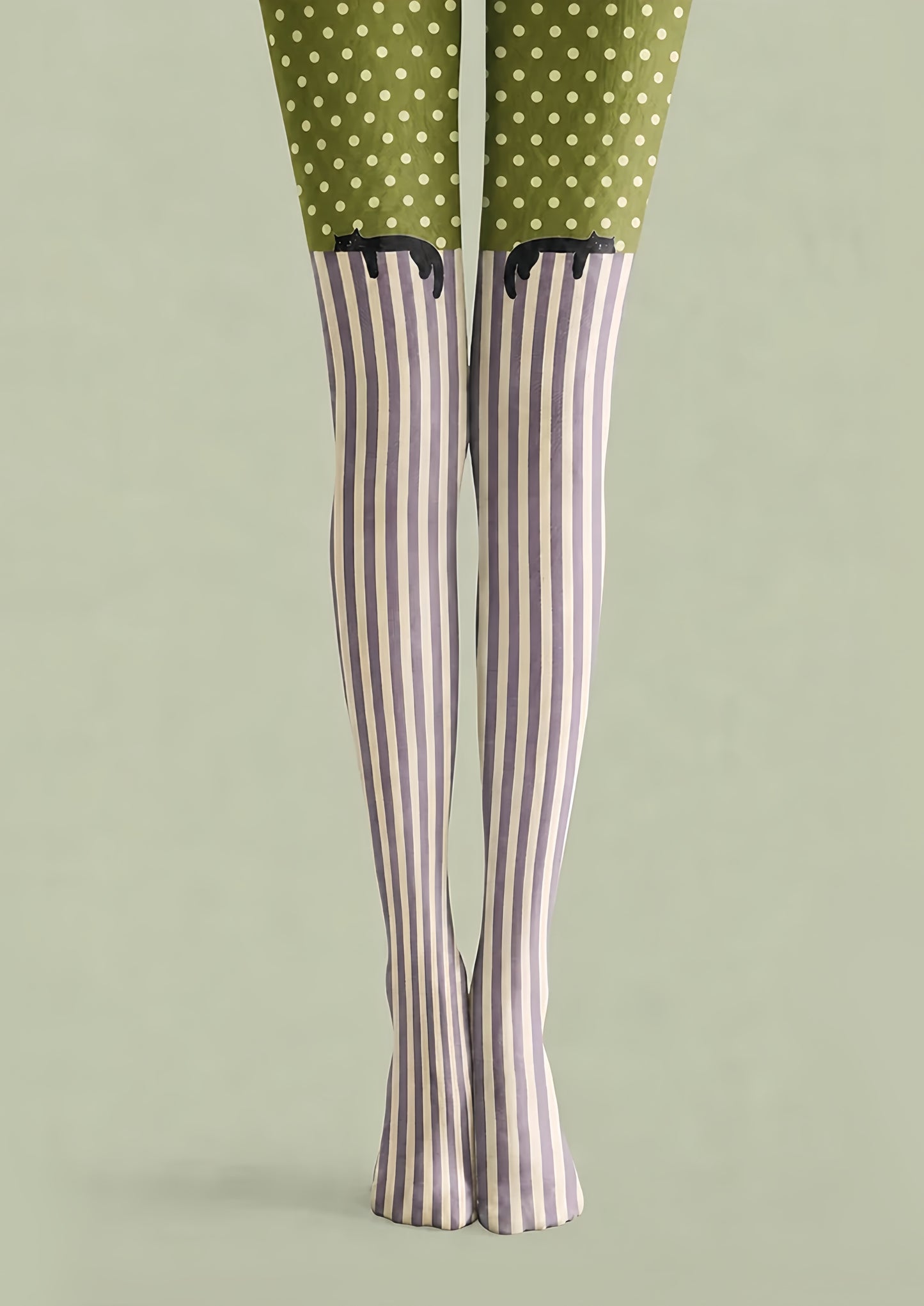 Olive Green Cat Polka Dot Striped Pantyhose Tights H68-10