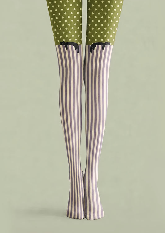 Olive Green Cat Polka Dot Striped Pantyhose Tights H68-10