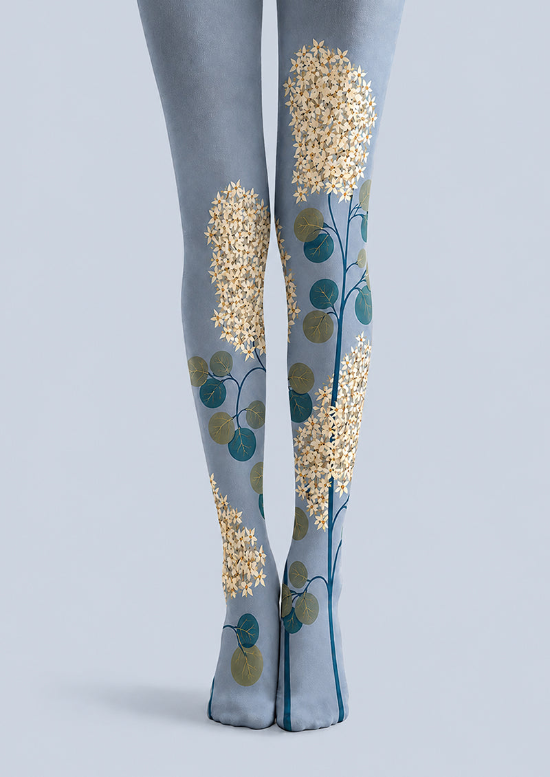 Blue Floral Branch Tights Hosiery Pantyhose H68-110