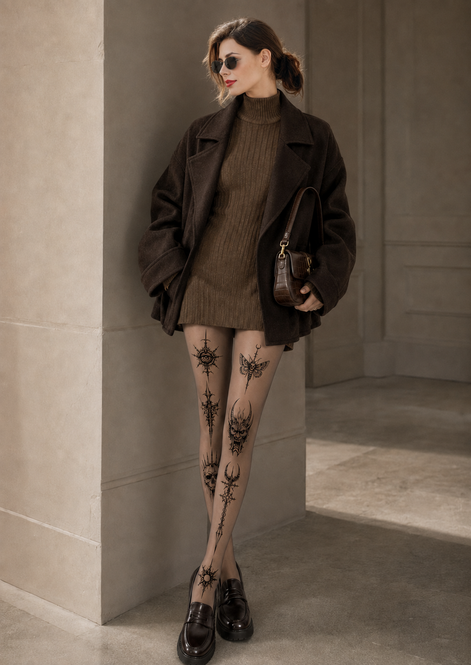Nude Gothic Blackwork Tattoo Print Tights H68-14