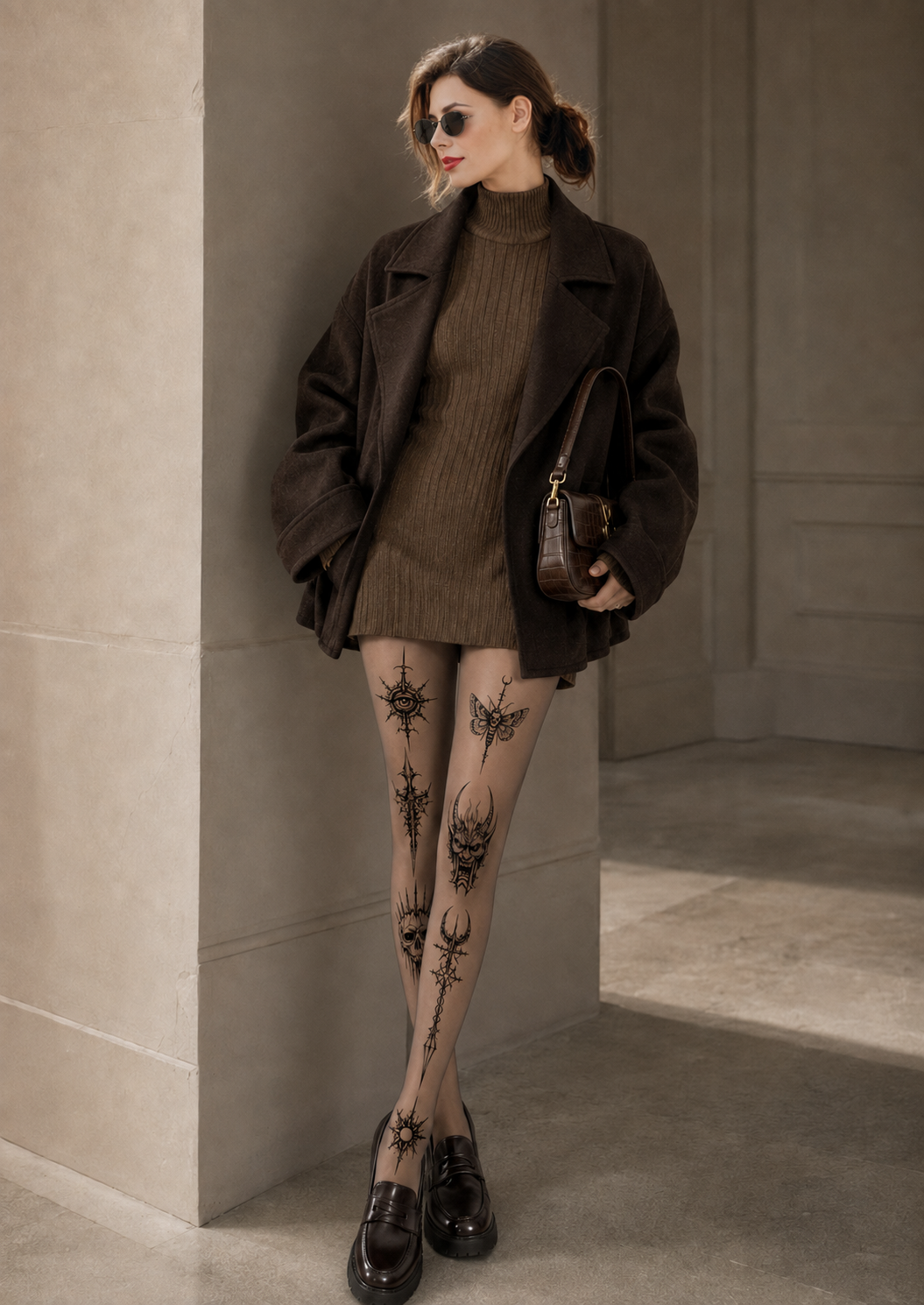 Nude Gothic Blackwork Tattoo Print Tights H68-14